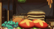 a cartoon scene with a bunch of food and a stack of rice