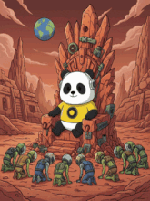 a cartoon illustration of a panda sitting on a throne with a sign that says delta