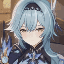 a close up of a anime girl with blue hair and feathers on her head .