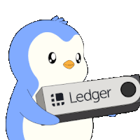 a blue and white penguin holding a ledger bitcoin wallet