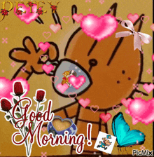 a cartoon of a cat drinking from a cup with hearts on it