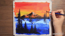 a person is painting a landscape with mountains and trees and the words made in animatica on the bottom