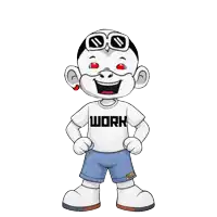 a cartoon character is wearing a white shirt that says work