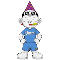a cartoon monkey wearing a blue shirt that says umm