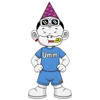 a cartoon monkey wearing a blue shirt that says umm