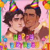 a happy birthday greeting card with two men wearing party hats and balloons