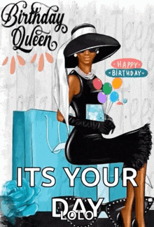 a woman in a black dress and hat is holding balloons .
