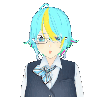 a girl with blue hair and glasses is wearing a blue vest