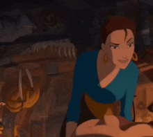 a cartoon woman in a blue shirt is sitting in a room