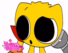 a drawing of a yellow cartoon character with a knife in its mouth and the words kezao srrk on the bottom