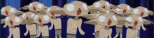 a bunch of cartoon characters are standing in a line with their mouths open
