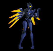 a blue robot with yellow wings and a yellow eye on a black background