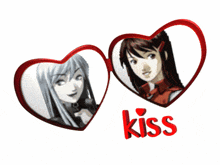 a picture of two anime girls with the word kiss in red