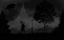 a black and white drawing of a man standing in the rain with a sword