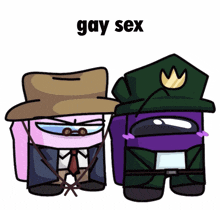 a couple of cartoon characters standing next to each other with the words gay sex written above them