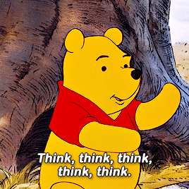 GIF: Pooh bear pointing to head in frustration with the caption: think, think, think, think, think