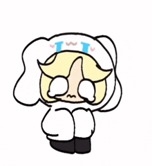 a cartoon character is wearing a white hoodie with ears and a hood .