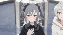 two anime girls are standing next to each other with one wearing a black outfit