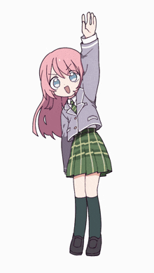 a girl with pink hair is wearing a plaid skirt and a grey jacket