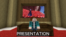 a minecraft character is sitting on a couch in front of a screen that says presentation