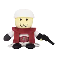 a stuffed toy with a white hat and a red scarf holds a gun