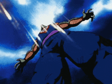 a cartoon of a monster with a purple ribbon around his waist