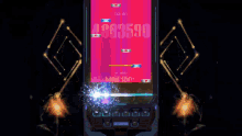 a video game is being played on a cell phone with a purple screen