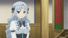 a girl with white hair and a crown on her head stands in front of a wooden wall