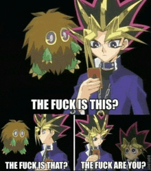 a cartoon character holding a card with the words the fuck is this