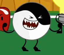 a cartoon character with a black and white ball on its head