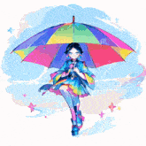 a girl with a rainbow colored umbrella is walking on a red carpet