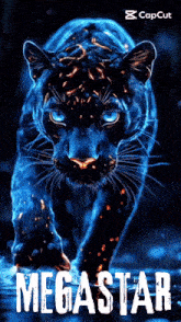 a picture of a black panther with blue eyes and the word megastar below it