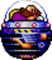 a pixel art drawing of a cartoon character sitting on top of a car .