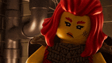a close up of a lego figure with red hair and a tattoo on her face