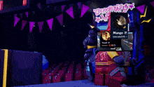 a cartoon character is standing in front of an arcade machine with the name mango on the screen