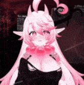 a cartoon girl with pink hair and horns is wearing a black dress