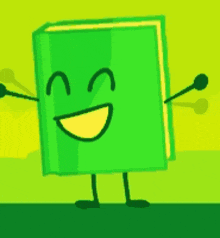 a green book with arms and legs is smiling on a green background