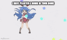 a cartoon girl with blue hair is holding a bomb in her hand and dancing .