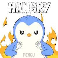 a cartoon penguin is holding a fork and knife with the word hangry behind it