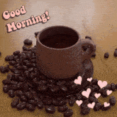a cup of coffee sits on a saucer surrounded by coffee beans with the words " good morning " above it
