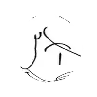a black and white drawing of a person 's face with a slight smile .