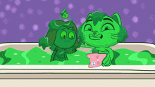 two green cartoon characters are sitting in a bath tub
