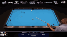a pool table with a blue cloth that says us open bank pool championship on it