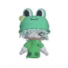 a doll wearing a green frog hat and a green shirt with frogs on it