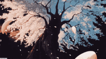 a painting of a tree with petals falling from it