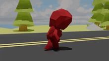 a low poly character with a red hood is walking down the road