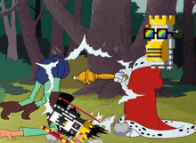 a cartoon of a king holding a crown and a robot with a crown on his head