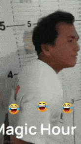 a man in a white shirt is laughing in front of a ruler with the words magic hour on it