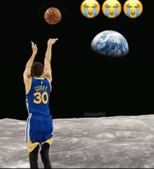 a basketball player with the number 30 on his back is throwing a basketball in the air .