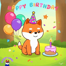 a shiba inu with balloons and a birthday cake